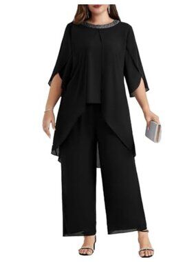 Plus Size 2 Piece Chiffon Pant Suit Set High Low Hem Wedding Guest